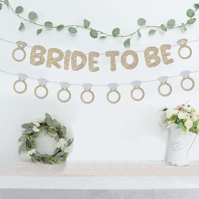 Bride to Be and Diamond Ring Banner Glitter for Bridal Shower Decorations Bachelorette Party Banner for Engagement Wedding Party Decorations(Champagne Gold)