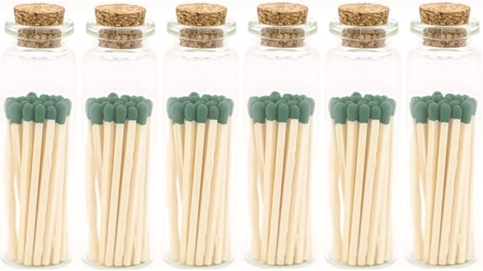 River Birch Forest Green Tip Decorative Matches | 120+ Small Premium Wooden Safety Matches | 6 Bottles of 20+ Matches Each with Striker on Bottom | Home Decor