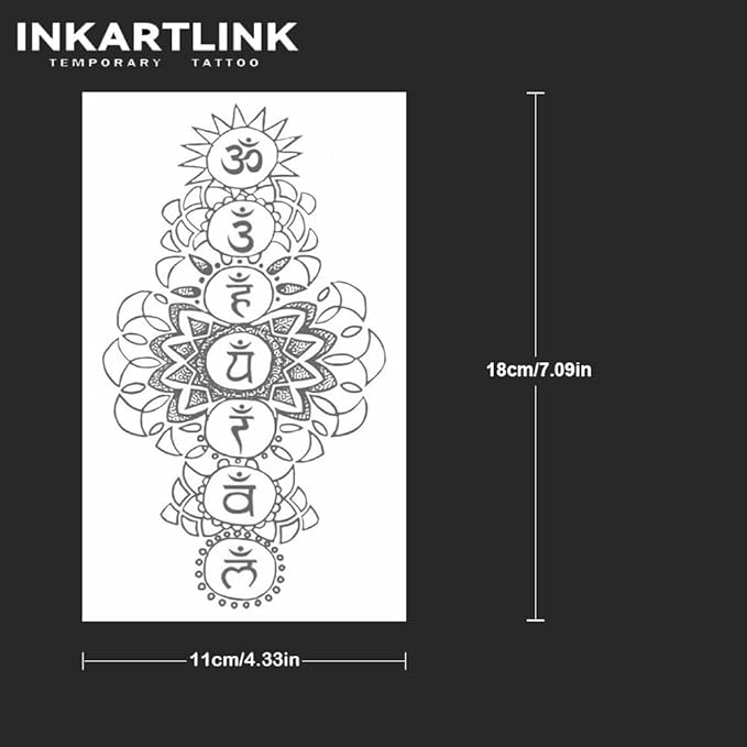 INKARTLINK Tattoo Tech, 2 Sheets Medium Semi Permanent Tattoo, Adult Art Design Temporary Tattoos, Lasts 1-2 Weeks, Waterproof, Realistic Look, No Reflection (Chakra Mandala)