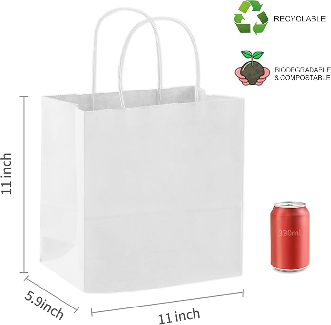 COGLARING 50Pcs White Gift Bags with Handles - 11x5.9x11 Inch Kraft Paper Bag Bulk for Weddings, Parties, Retail & Gift Wrapping - White Paper Bags