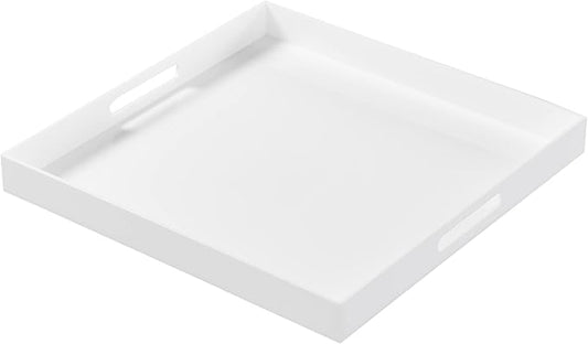 Large White Acrylic Serving Tray with Handles-19x19x2H Inch Big Size Spill Proof Tray for Ottoman,Coffee Table, Breakfast, Tea, Food, Butler -Safe Edge Organizer-Decorative