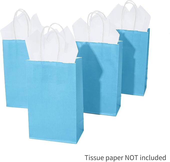 DjinnGlory 100 Pack Small Sized Blue Paper Bags with Handles Bulk for Merchandises, Christmas Gifts, Baby Blue Party Goodie Bags for Birthdays, Baby Showers, Weddings, 9x5.5x3.15 Inch