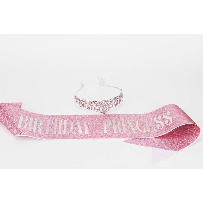 Birthday Queen Tiara & Sash for Women Girls, Rhinestone Headband Princess Crown with comb Happy Birthday Party Decorations Favors Supplies (Pink)