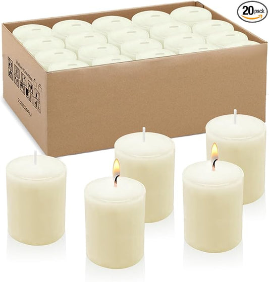 15 Hour Ivory Votive Candles, Bulk Unscented Small 1.5 Inch Diameter 2.25 Inch Tall Wax Candles for Wedding, Party & Home Dinner Table Decoration, 20 Packs
