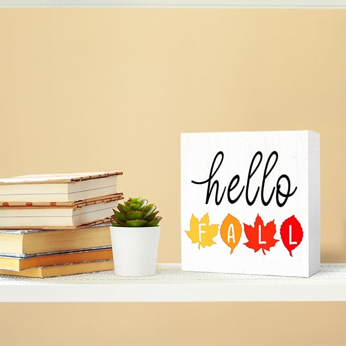 Hello Fall Wood Box Sign Funny Autumn Maple Leaves Wooden Block Desk Decor for Home Office Kitchen Cubicle Table Shelf Tabletop,Farmhouse Fall Sign Decor