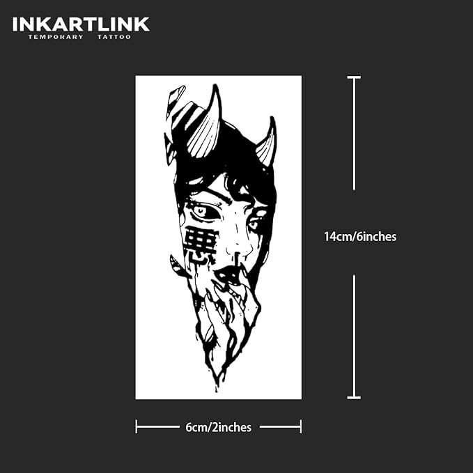 INKARTLINK Temporary Tattoos, 2 Sheets Medium Semi Permanent Tattoo Adult Art Design Waterproof Temp Tattoo Party Favors Realistic Look, No Adhesive, No Reflection, Lasts 1-2 Weeks (Evil Woman)