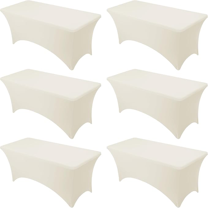 6-Pack Premium Cream Spandex Tablecloths for 6ft Rectangle Tables, Stain & Wrinkle-Resistant, Washable Stretch Polyester Fitted Table Cover for Weddings, Banquets, Trade Shows Events