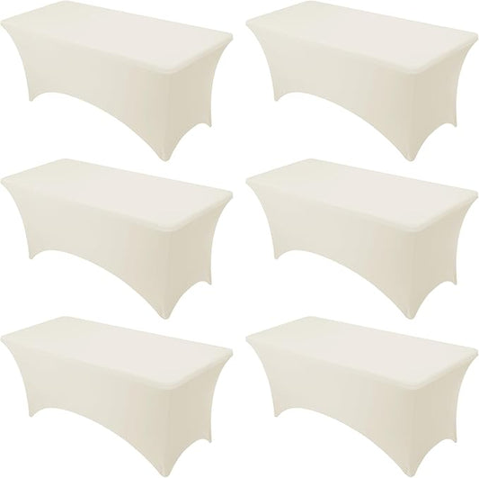 6-Pack Premium Cream Spandex Tablecloths for 6ft Rectangle Tables, Stain & Wrinkle-Resistant, Washable Stretch Polyester Fitted Table Cover for Weddings, Banquets, Trade Shows Events