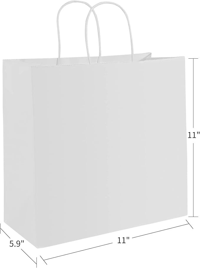 PAICUIKE 50Pcs White Paper Bags with Handles, Large 11x6x11 Inch Kraft Shopping Bags for Retail, Gift Packaging, Parties, Weddings, Birthdays, Baking