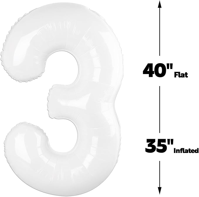 Large 40 Inch White 3 Number Balloon, 3 13 23 30 33 36 38 White Birthday Party Decorations, Numbers Three Foil Balloons for Anniversary Party Graduations Celebration Supplies