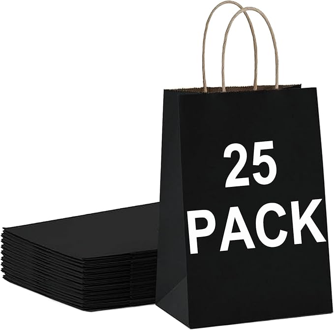BAG BOX 25 Pack Medium 8.25x4.3x10.6 Inch Black Kraft Paper Gift Bags with Handles for Bulk Shopping, Retail, Craft, Party Favors, Wedding, Grocery & Sacks