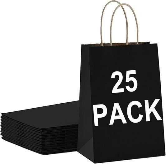 BAG BOX 25 Pack Medium 8.25x4.3x10.6 Inch Black Kraft Paper Gift Bags with Handles for Bulk Shopping, Retail, Craft, Party Favors, Wedding, Grocery & Sacks