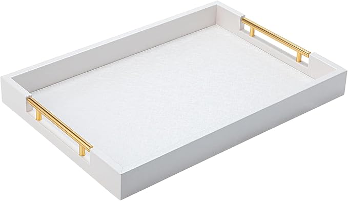 White Leather Decotative Coffee Table Tray,Modern Large Ottoman Tray Rectangle Serving Tray with Handles for Living Room Party