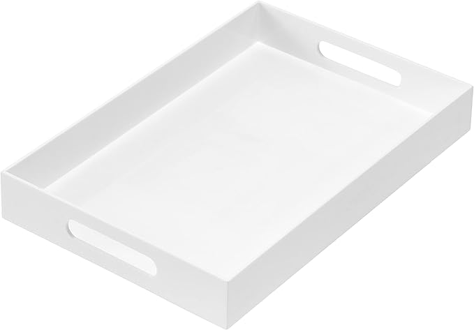 Glossy White Sturdy Acrylic Serving Tray with Handles 10x15x2H Inches -Spill Proof- Decorative Trays Countertop Organizer for Ottoman Coffee Table Nightstand, sidetable, Breakfast, Tea, Food