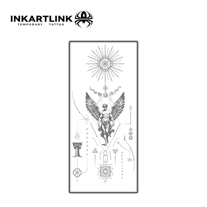 INKARTLINK Tattoo Tech, 2 Sheets Large Semi Permanent Tattoo, Adult Art Design Temporary Tattoos, Lasts 1-2 Weeks, Waterproof, Realistic Look, No Reflection (Winged Figure & Symbols)