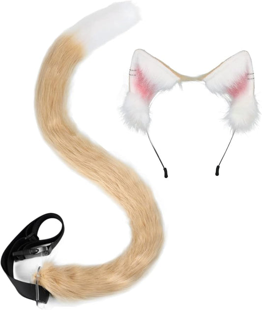 QinRuan Animal Cosplay Costume Accessories Furry Faux Fur Cat Ears Headband and Fox Tail Set Halloween Accessory