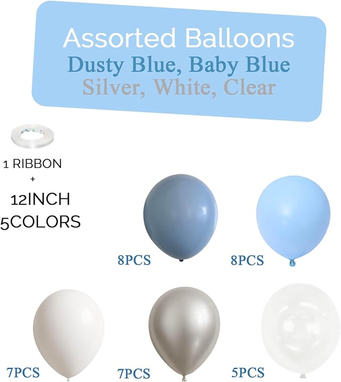 Dusty Blue and White Silver Balloons Bachelorette Party Decorations- 35Pcs 12in Baby Blue, White, Clear, Diamond Silver Latex Baloons for Bachelorette, Baby Shower Boy Party Décor