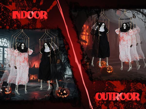 VINGLI Halloween Hanging Swining Skeleton Ghost with Creepy Sounds & Flashing Red Eyes, Scary 2 Pack for Indoor Haunted House Party & Outdoor Graves Scary Yard Garden Lawn Decoration.