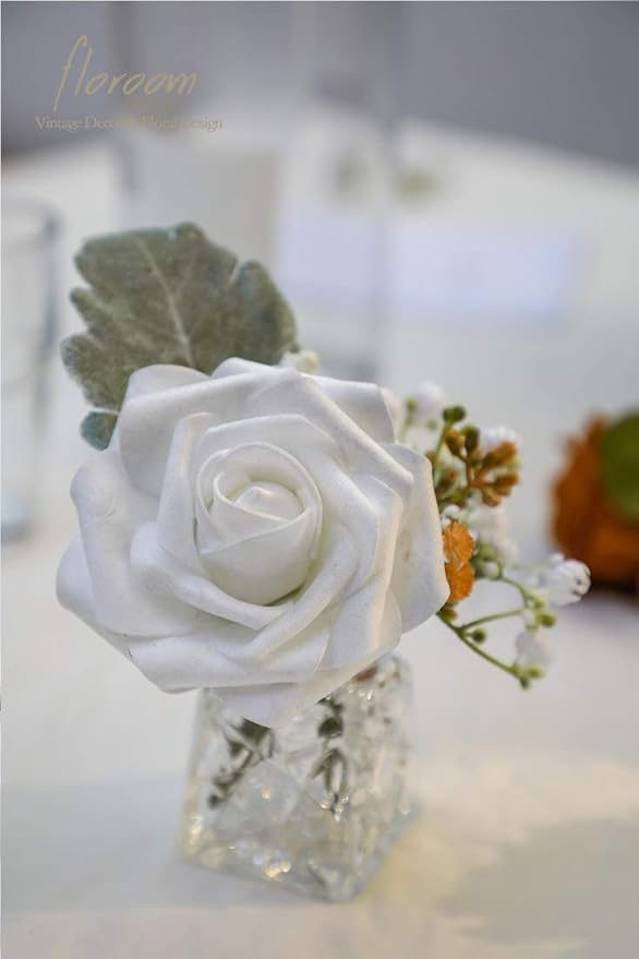 Floroom Artificial Flowers 25pcs Real Looking Shimmer Silver Grey Foam Fake Roses with Stems for DIY Christmas Ornaments Wedding Bouquets Party Tables Centerpieces Floral Arrangements Home Decorations