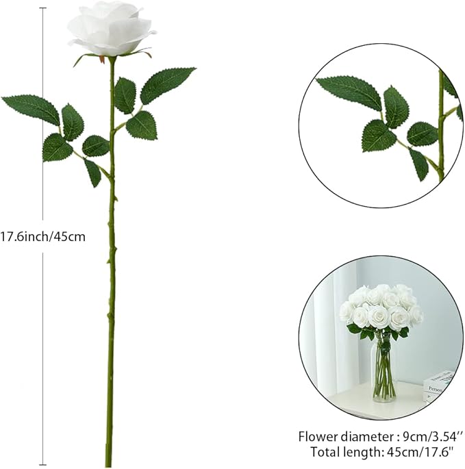 12pcs Roses Artificial Flowers Fake Roses White Silk Roses Flowers Rose with Long Stems for Wedding Home Party Centerpieces Decorations