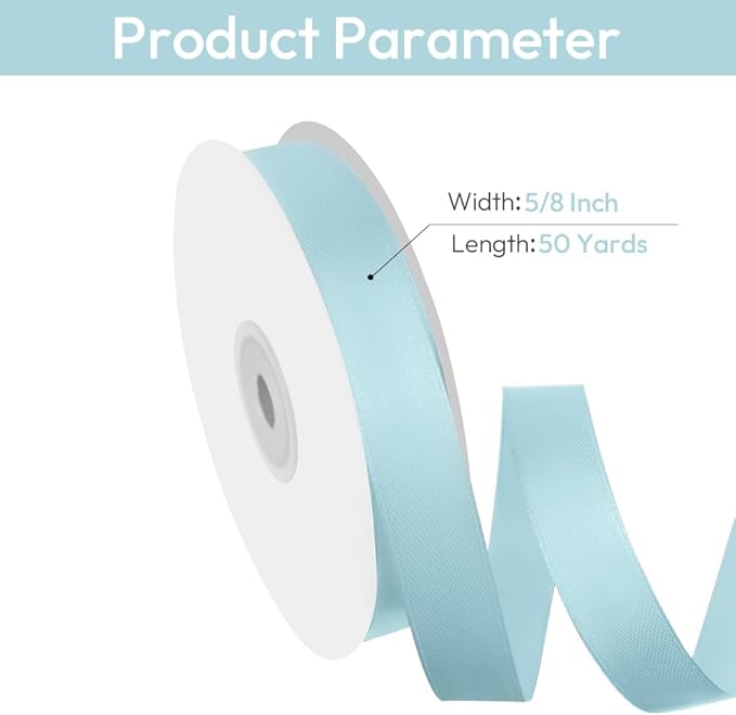 5/8" Width x 50 Yards Satin Fabric Ribbon, Light Blue Ribbon Perfect for DIY Bows, Swags, Gift Wrapping, Craft, Flower Bouquet，Christmas and Party Decoration