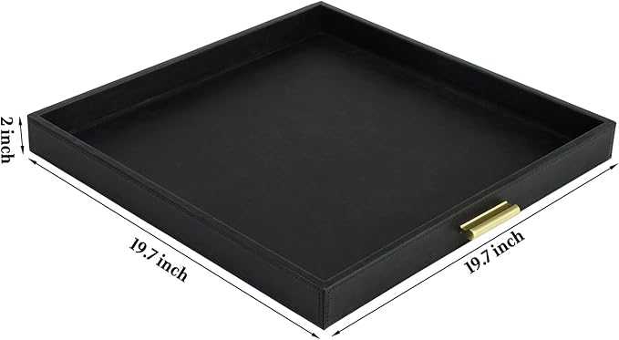 HofferRuffer Elegant Decorative Serving Tray, 20"x20" Square Faux Leather Ottoman Tray with Gold Hardware Handles, Coffee Table Serve Tea, Coffee or Breakfast (Black)