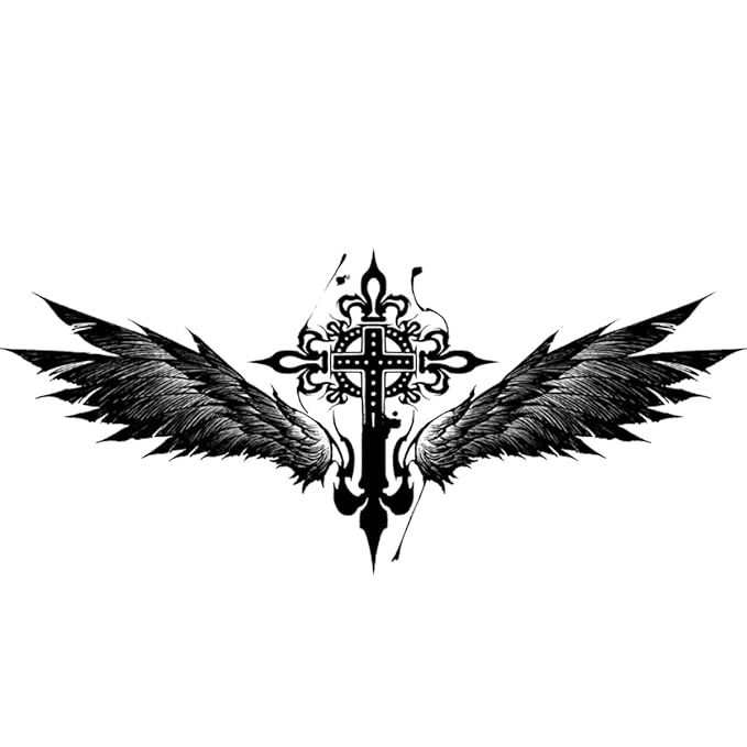 INKARTLINK Tattoo Tech, 2 Sheets Large Semi Permanent Tattoo, Adult Art Design Temporary Tattoos, Lasts 1-2 Weeks, Waterproof, Realistic Look, No Adhesive, No Reflection (Cross with Wings Design)