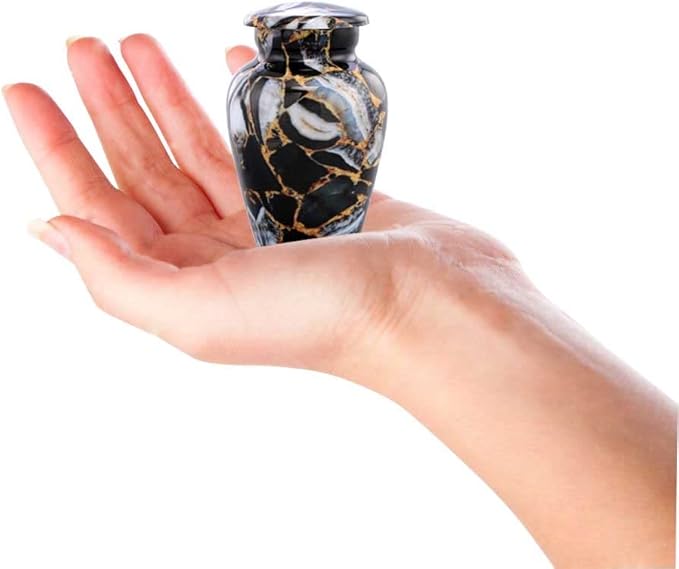 Small Keepsake Cremation Urns for Human Ashes - Marble Finish Metal Keepsake Urn - Mini Cremation Urn for Pet Ashes - Handcrafted Memorial Urn - Funeral Urns with Velvet Bag (Luxury Black)