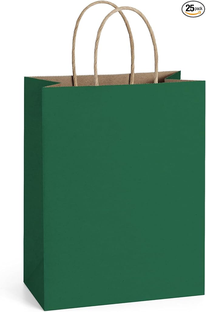 BagDream Forest Green Gift Bags with Handles 8x4.25x10.5 Inch 25Pcs Medium Kraft Paper Bags for Christmas, Thanksgiving, Craft, Party Favors, Retail, Grocery, Recyclable Paper Sacks