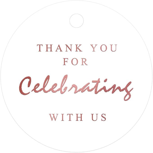 G2PLUS Thank You for Celebrating with Us Tags, 2.2 in Round Thank You Tag, White Paper Rose Gold Foil Gift Tags with String for Wedding, Party Favors