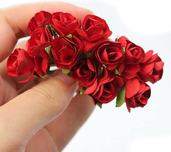 144pcs Mulberry Paper Mini Roses Artificial Flowers Heads with Stems for DIY Crafts Accessories Make Bridal Hair Clips Headbands Dress Wedding Bridal Bouquets Party Home Decor Valentine's(Red)