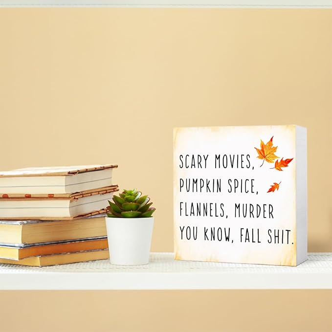 Funny Autumn Wood Box Sign Fall Wooden Block Desk Décor for Home Office Kitchen Cubicle Table Shelf Tabletop,Farmhouse Fall Sign Decor