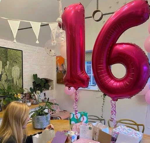 Hot Pink Number 16 Balloon 40 inch, Number 16 Birthday Balloon for Boy Girl, Hot Pink Foil 16 for 16 Birthday Party, Anniversary Celebration Number Balloons Decorations
