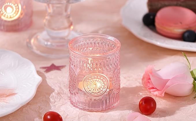 DEVI 24pcs Pink Votive Candle Holders for Table Centerpieces, Glass Tea Lights Candle Holder, Wedding Shower Decorations, Baby Shower Decorations, Valentine Party Centerpieces Table Decoration