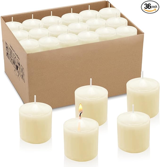10 Hours Ivory Votive Candles, Unscented 1.5 inch Wax Candles for Wedding, Party, Holiday Spa & Home Decoration, 36 Packs