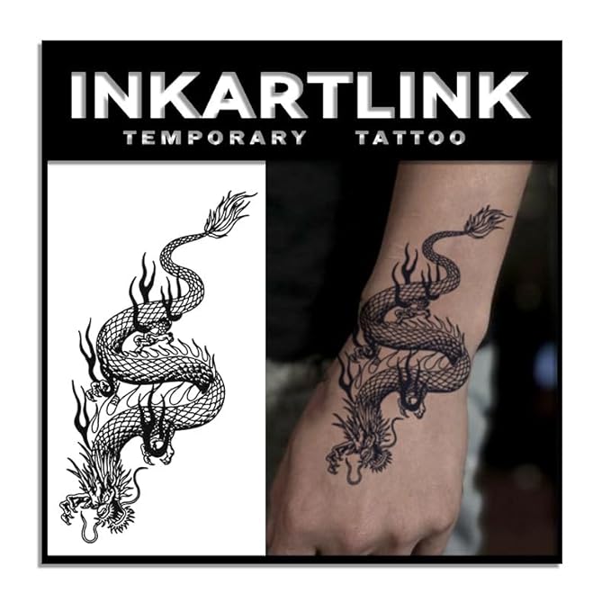 INKARTLINK Tattoo Tech, 2 Sheets Large Semi Permanent Tattoo, Adult Art Design Temporary Tattoos, Lasts 1-2 Weeks, Waterproof, Realistic Look, No Reflection (Dragon)