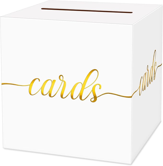 1 Pack White and Gold Foil Card Box for Party, 8.7" White Gift Card Box for Birthday, Wedding, Baby Shower, Retirement, Anniversary, Bridal Shower, Graduation, Raffle Ticket