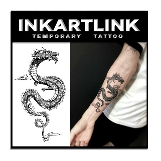 INKARTLINK Tattoo Tech, 2 Sheets Medium Semi Permanent Tattoo, Adult Art Design Temporary Tattoos, Lasts 1-2 Weeks, Waterproof, Realistic Look, No Reflection (dragon)
