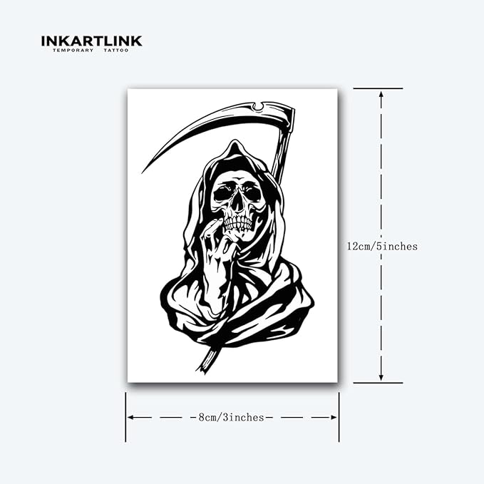 INKARTLINK Tattoo Tech, 2 Sheets Medium Semi Permanent Tattoo, Adult Art Design Temporary Tattoos, Lasts 1-2 Weeks, Waterproof, Realistic Look, No Adhesive, No Reflection (Grim Reaper Design)
