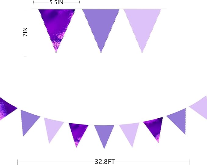 32Ft Purple Party Decorations Metallic Purple Triangle Banner Flag Pennant Fabric Garland Streamers for Lavender Birthday Baby Shower Bachelorette Wedding Violet Graduation Party Decor Supplies