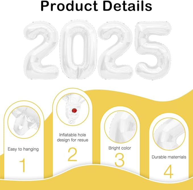 2025 Balloons, 40 Inch 2025 Number Balloons, 2025 White Balloons, Large Foil Happy New Year Balloons for New Year Eve Party Supplies 2025, New Years Decorations 2025, Christmas, Wedding, Halloween