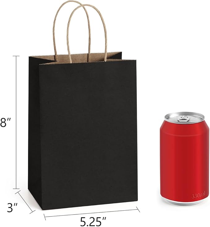 BagDream Gift Bags 100Pcs 5.25x3x8 Small Kraft Paper Gift Bags with Handles Bulk, Black Paper Sacks for Small Business, Retail, Merchandise, Grocery, Wedding Birthday Party favor