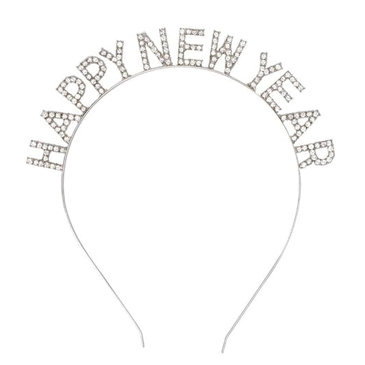 Happy New Year Rhinestone Headband for Women Girls,Crystal Tiara For New Year’s Eve Party Supplies (silver)