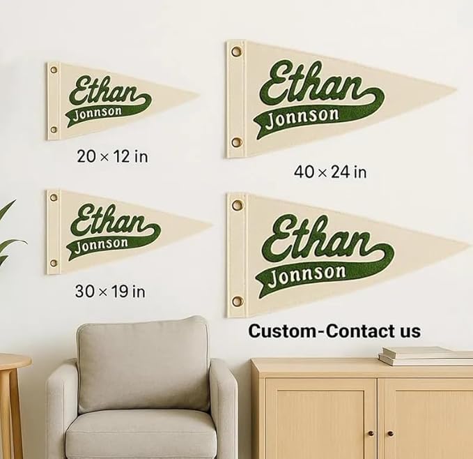 Personalized Name Pennant Flag, Handmade Embroidered Custom Canvas Nursery Pennant for Boy Girl, Baby Name Banner Flag Wall Hanging for Bedroom Dorm Baby Shower Kids Room