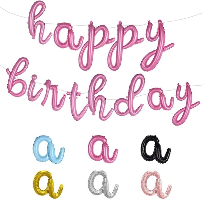 BALLOON VIBE Happy Birthday Balloon Banner - Baby Pink 16 Inch Cursive Mylar Foil Letters Happy Birthday Banner for Decor - Balloons Letters Sign with 4 Straws & Ribbon Roll