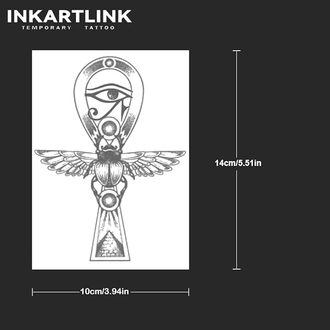 INKARTLINK Tattoo Tech, 2 Sheets Medium Semi Permanent Tattoo, Adult Art Design Temporary Tattoos, Lasts 1-2 Weeks, Waterproof, Realistic Look, No Reflection (Ankh & Scarab)