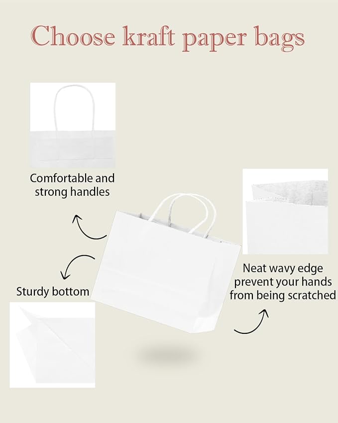 qiqee 30-Packs White Gift Bags with Handles Bulk 13"x4.5"x10" Wide Large Size Party Paper Bags