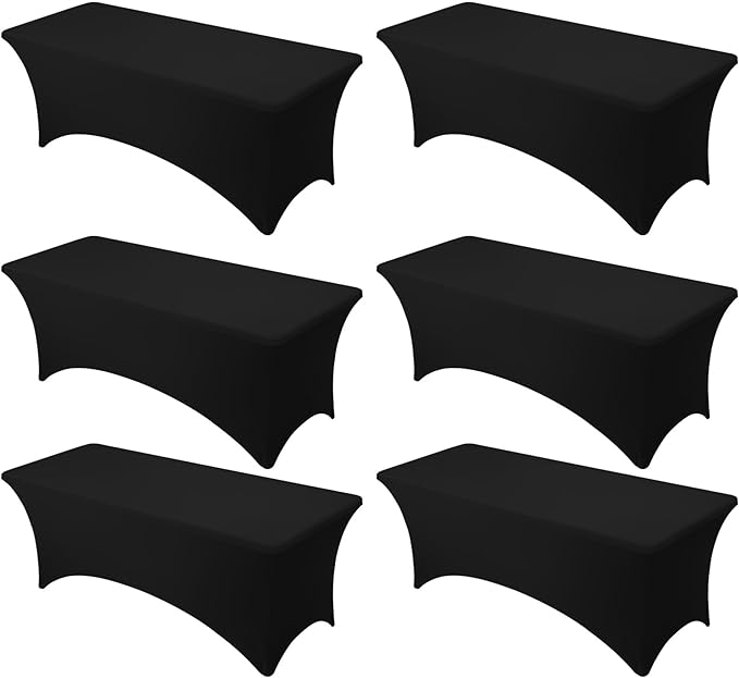 6-Pack Premium Black Spandex Tablecloths for 8ft Rectangle Tables, Stain & Wrinkle-Resistant, Washable Stretch Polyester Fitted Table Cover for Weddings, Banquets, Events, Parties