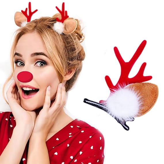 Christmas Reindeer Antlers Headband Brown Red Deer Ears Clips with Elk Fluff Red Antler Design Party Xmas Deer Antlers Decor Holiday Costume Hairpin for Women Ear Decoration