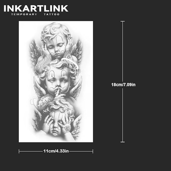 INKARTLINK Tattoo Tech, 2 Sheets Medium Semi Permanent Tattoo, Adult Art Design Temporary Tattoos, Lasts 1-2 Weeks, Waterproof, Realistic Look, No Reflection (angel)